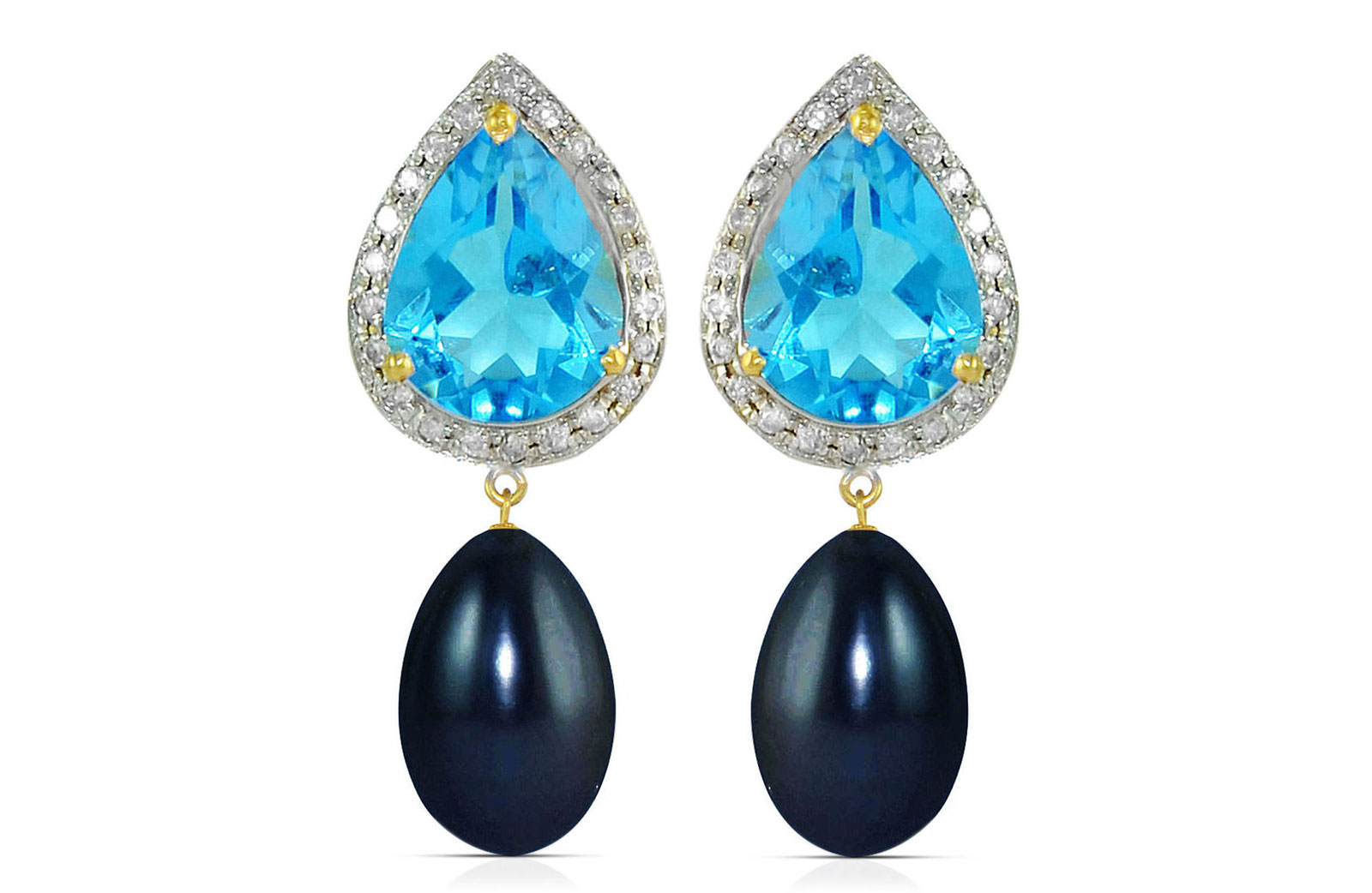 Vera Perla 18K Gold 0.24ct Diamonds, Topaz and 13mm Black Pearl Earrings